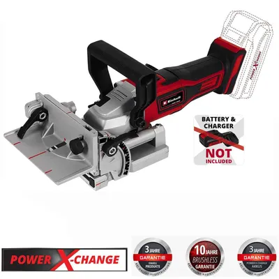 A cordless biscuit joiner tool is shown against a white background. It has red and silver accents and a black handle. There are also several graphic overlays indicating features and warranty information.