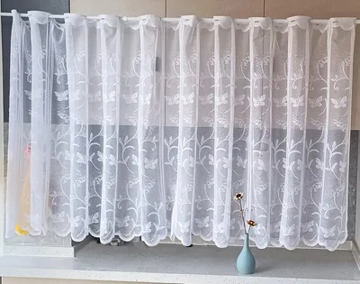 Obrázek produktu pro Žakárové závěsy s květinovým výšiváním - bílé bistro závěsy - zakřivené - šířka 100 cm - výška 60 cm - krátké závěsy