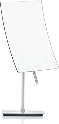 A silver and gray cosmetic mirror on a stand.