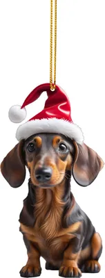 Produktbild von 1/7 Stück Weihnachts-Acryl-Dackel-Hängedekoration für Auto-Rückspiegel, Weihnachtsbaum, 2D flacher Weihnachtsmannhut-Hunde-Hängeornament, Weihnachtsfeier-Anhänger