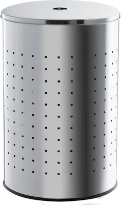 A silver laundry hamper with a lid and perforated sides.