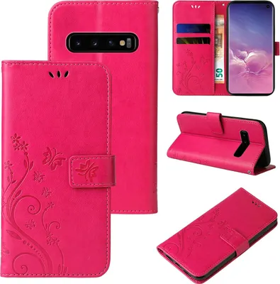 A collage of images showing a pink floral butterfly flip case for a Samsung Galaxy S10 phone from different angles.