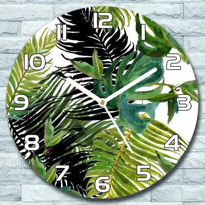 Produktbild von Wanduhr aus Glas Rund fi 30 Exotische Blätter Quarz Deko Wohnzimmer Büro