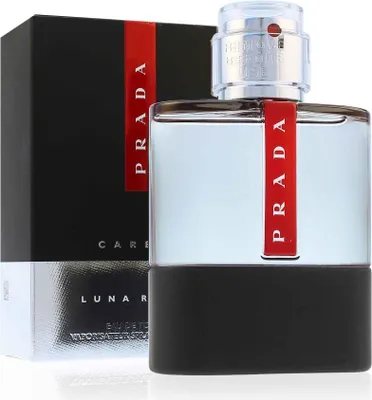 A bottle of Prada Luna Rossa Carbon Eau de Toilette and its packaging are displayed.