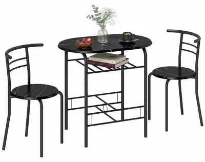 Produktbild von Essgruppe 3-teilig, Küchentisch und Stühle für 2 Personen mit Regal, Wohnzimmer, schwarze Marmor-Optik