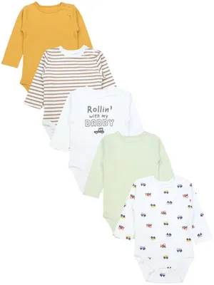 Produktbild von TupTam Langarmbody Baby Body 5er Set – Body Baby aus 100% Baumwolle, , Farbe: Gelb_Autos_Daddy_Streifen_Grün, Größe: 56