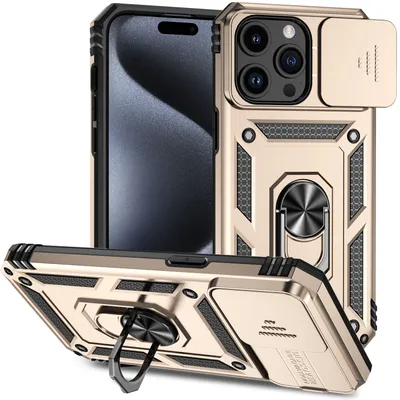 Obrázek produktu pro Pouzdro pro iPhone 15 Pro dvouvrstvé pouzdro s posuvným krytem kamery a prstencovým stojánkem Zlato