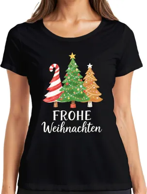 Produktbild von FROHE Weihnachten Weihnachtsbaum Tannenbaum Zuckerstange Lebkuche Damen T-Shirt, Schwarz, XXL