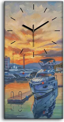 Produktbild von Küche Wohnzimmer Wand Leinwand Uhr 30x60 Gemälde Hafen schiffe Sonnenuntergang - schwarze Hände