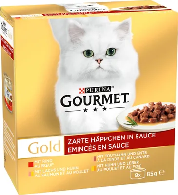 Produktbild von PURINA GOURMET Gold Zarte Häppchen in Sauce Katzenfutter nass, Sorten-Mix 8er Pack (8 x 85 g)
