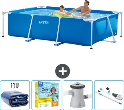 Produktbild von Intex-Schwimmbecken mit rechteckigem Rahmen – 260 x 160 x 65 cm – Blau – im Lieferumfang enthalten Sonnensegel - Wartungspaket - Filterpumpe für Schwimmbad - Staubsauger