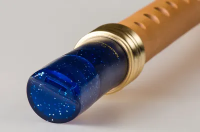 A close-up shot of the mouthpiece and part of the body of a recorder.