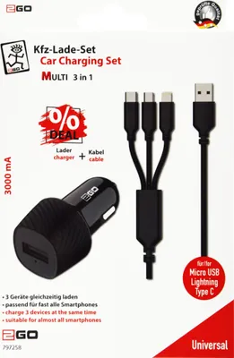 Zdjęcie produktu dla 2GO KFZ-Ladegerät 3000mA 3in1 Micro-USB, Lightning, USB-C sw