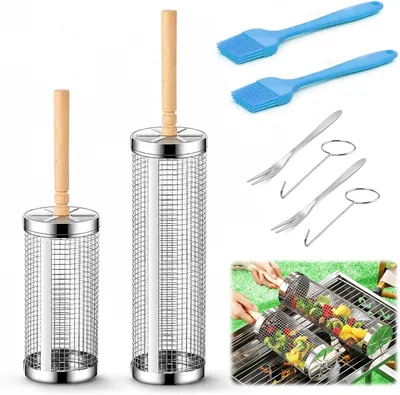 Produktbild von Grillkorb 2 Stück, Edelstahl, zylindrisch, mit Griff, für Outdoor-Grills