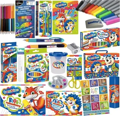 Produktbild von Schrein Set 1-3 Klasse 45 Elementen: 12 Buntstifte, 12 Filzstifte, Aquarellfarben, Plastilin, Zeichenblöcke A4/A3, Bleistifte, Lineal und mehr