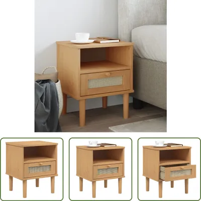 Produktbild von The Living Store Nachttisch SENJA Rattan-Look Braun 40x35x48cm Massivholz Kiefer