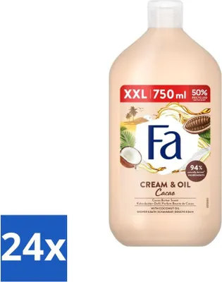 Zdjęcie produktu dla Fa - Cream & Oil Cacao - Żel do kąpieli i pod prysznic - Masło kakaowe z olejem kokosowym - 750 ml - Opakowanie ekonomiczne - 24 sztuki