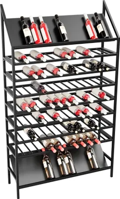 A black metal wine rack filled with wine bottles.