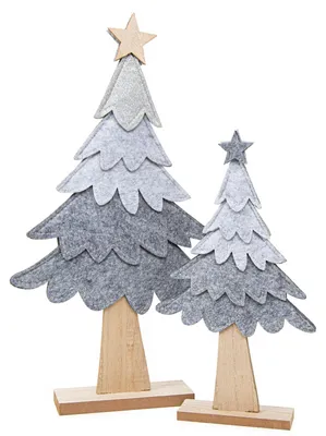 Produktbild von 2 Tannenbaum Figuren Set aus Filz & Holz grau Weihnachtsdeko 26-40 cm
