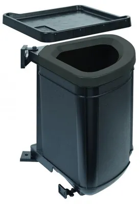 A black trash can system with a tray, mounted on a white background.