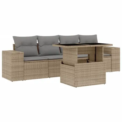 Produktbild von vidaXL 5-tlg. Garten-Sofagarnitur mit Kissen Beige Poly Rattan