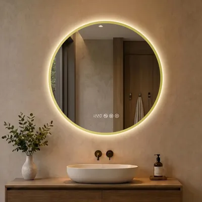 Image de S'AFIELINA Miroir Salle de Bain LED Rond 60 cm avec Éclairage, cadre doré, 3 températures de couleur, variateur, antibuée, horloge & température
