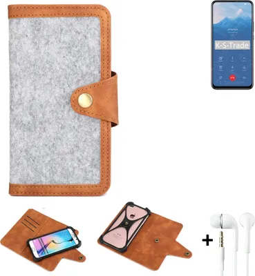 Produktbild von K-S-Trade Handyhülle + Kopfhörer kompatibel mit Huawei Y9 Prime 2019 Schutzhülle Filz Hülle Kunstleder hellgrau braun (1x)