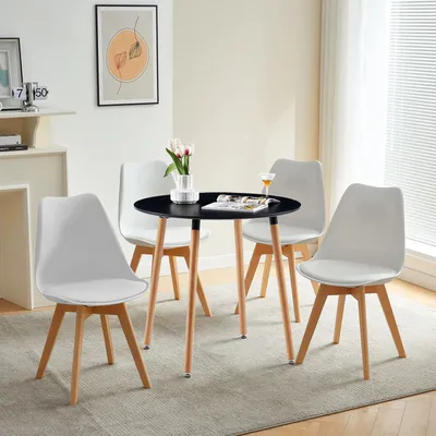 Obrázek produktu pro HJ_WeDoo jídelní stůl kulatý černý se 4 jídelními židlemi bílý, skandinávský jídelní set 80x80x70cm do kuchyně, kanceláře, konferenční místnosti