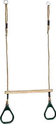 A product shot of a wooden trapeze bar with green plastic rings and rope.
