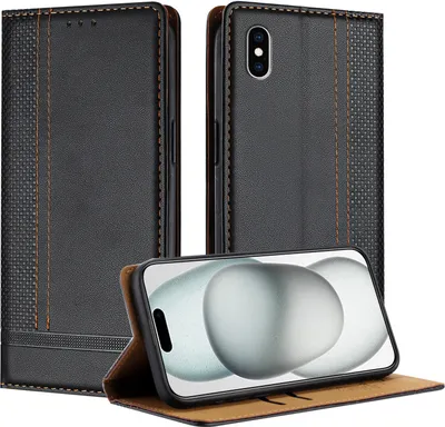 Produktbild von Handyhülle für iPhone XS Max Leder Flip Klappbare Schutzhülle mit Standfunktion Schwarz