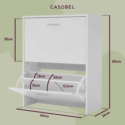 Produktbild von CASABEL Schuhschrank Schmal für 12 Paar Schuhe, Modernes Schuregal Holz mit 2 Klappen, Platzsparender Organizer für Flur und Diele, L60xT24xH80 cm, Weiß