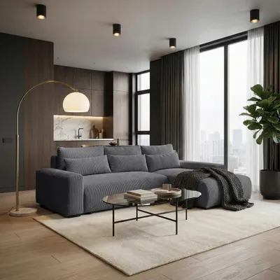 Produktbild von BEAUTYSOFA | Ecksofa BENNY L mit Schlaffunktion und Bettkasten, Dunkelgrau – Ottomane rechts – Modernes Polstersofa