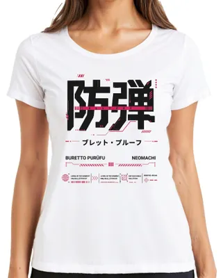 Obrázek produktu pro Tričko s potiskem "BLLTPRF Bulletproof Cyberpunk Neomachi Japan Streetwear Y2K Anime" pro dámy, bílé barvy, velikost L