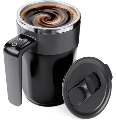Produktbild von Selbstrührender Kaffeebecher 400ml Schwarz – Wiederaufladbar mit Temperaturanzeige | Automatischer Rührbecher mit Deckel