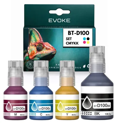 Image de Encre compatible Evoke pour imprimantes Brother BTD100, BTD100BK, BTD100C, BTD100M, BTD100Y (4 cartouches CMJN : noir, cyan, magenta, jaune), 400 ml, rendement de 22 500 pages, compatible avec les modèles DCP-T230, T236, T238, T430W, T435W, T436W, T439W, T530DW, T535DW, T536DW, T730DW, T735DW, T830DW, T835DW ; MFC-T930DW