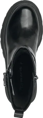 A top-down view of a black boot.