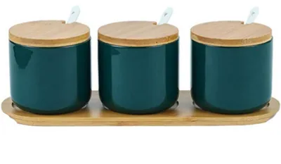 Immagine prodotto di Set di 3 contenitori per spezie in Vetroceramica, con cucchiaino e coperchio in bambù, colore verde, capacità 260 ml