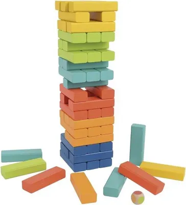 Produktbild von Holz Stapelturm-Spiel mit 54 farbigen Holzblöcken und Würfeln