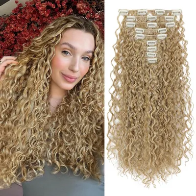 Zdjęcie produktu dla Klipsy do przedłużania włosów, kręcone, 9 sztuk, 56 cm, złocistoblond z pasemkami, syntetyczne
