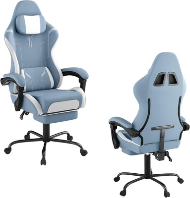 Image de ROSEJANE : Fauteuil de gaming ergonomique avec fonction de massage et repose-pieds. Fauteuil de gaming avec dossier réglable, repose-tête et coussin de soutien lombaire massant, couleur bleu