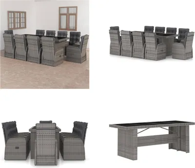 Produktbild von vidaXL 11 tlg. Garten Essgruppe mit Auflagen Poly Rattan Grau - Gartenmöbel-Set - Gartenmöbel-Sets - Gartentisch Und Stuhl - Gartentische Und Stühle