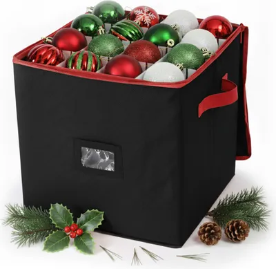 Produktbild von Relaxdays Weihnachtskugel Aufbewahrungsbox, 64 Kugeln, HxBxT: 33 x 33 x 33 cm, Polyester, Pappe, Kugelkiste, schwarz/rot