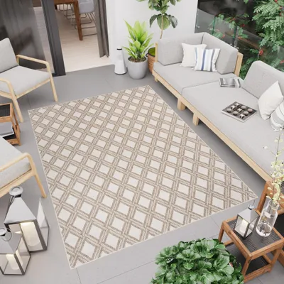 Obrázek produktu pro Koberec venkovní vnitřní béžový krémový mřížka balkon terasa kuchyně odolný proti povětrnostním vlivům 80 x 150 cm