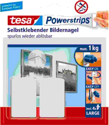 Produktbild von tesa Klebenagel weiß Bildernagel selbstklebend mit Powerstrips, wiederverwendbar