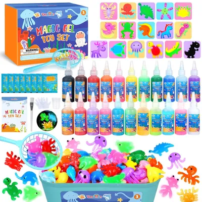 Imagen del producto de Kit de juguete de gel mágico para crear figuras 3D. Gel acuoso con 22 colores y 16 formas. Juguete creativo, ideal como regalo. Set "Océano" con 22 colores