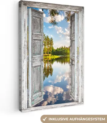 Produktbild von MuchoWow® - Leinwandbilder - Wasser - Landschaft - Fenster - Aussicht, Wandbild, Wanddeko Bilder Wohnzimmer, 20x30cm