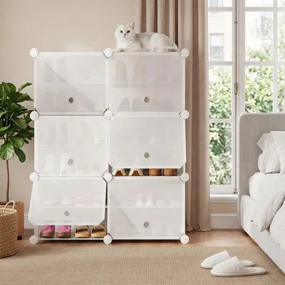 Obrázok produktu pre Polica na topánky - Skriňa na topánky s dvierkami - 2 x 3 priehradky - Priehľadné PVC - Úsporná veľkosť - Biela