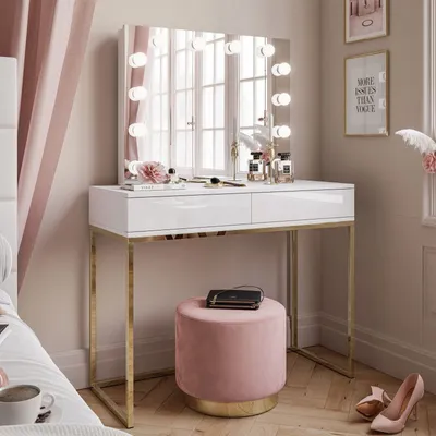Produktbild von Schminktisch BLANCO ELITE mit Spiegel und Beleuchtung goldchrom weiß Hochglanz