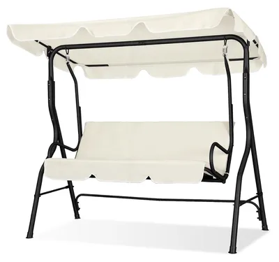 Immagine prodotto di Altalena da giardino Eikuavons a 3 posti, color beige, con tettuccio parasole regolabile; altalena da giardino con telaio in acciaio, ideale per giardino, terrazza o balcone