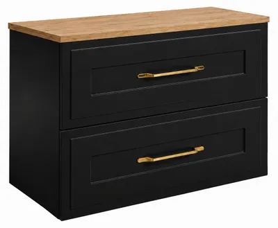 Produktbild von Badezimmerschrank hängend 80 mit Schubladen, Korpus in Schwarz + Platte in Eiche Craft, Griffe in Gold, 80 x 46 x 58,6 cm, KI-generiertes Bild